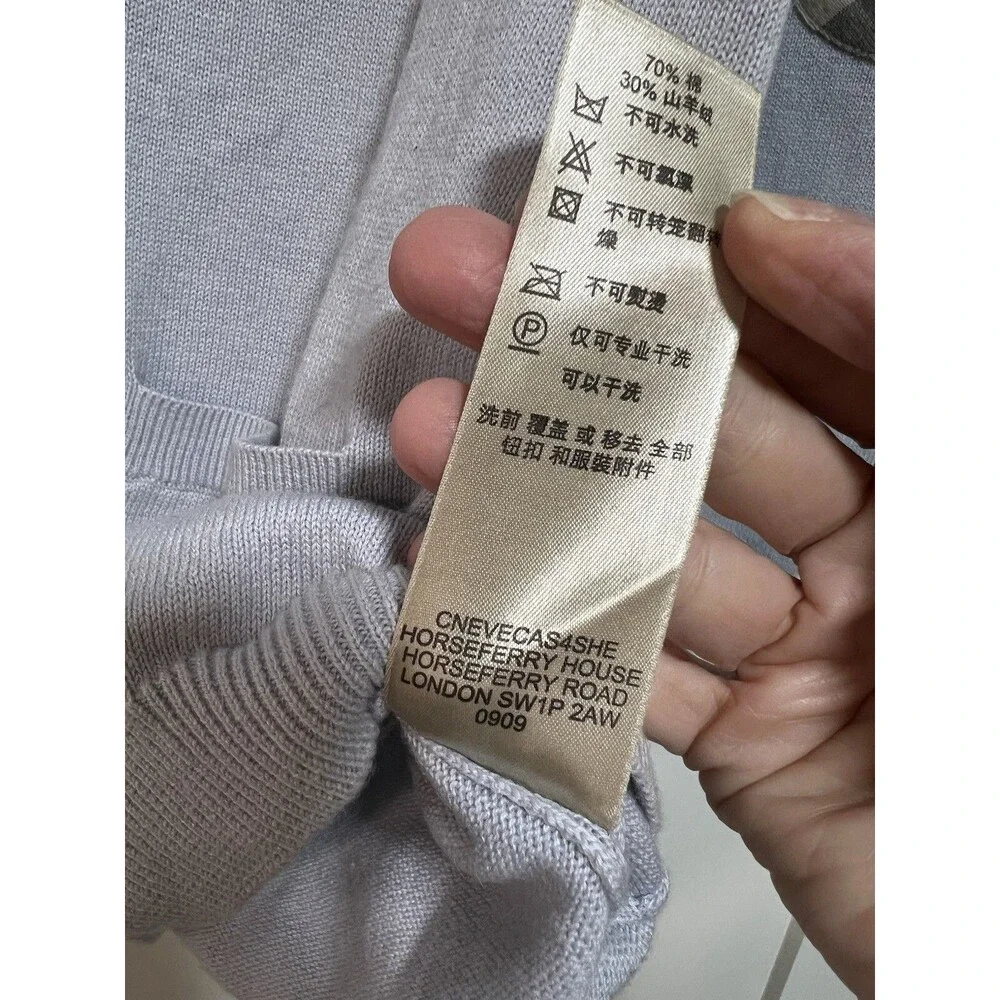 Burberry Nova Check Cardigan Sweater Cashmere Blend Elbow Patches Sky Blue